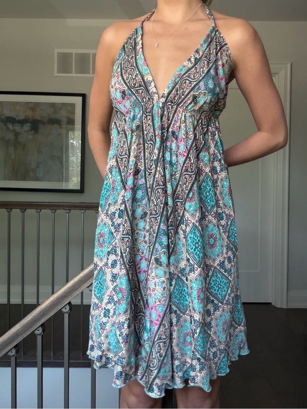 Big Bull Halter Boho Mini Dress in Teal Paisley Print